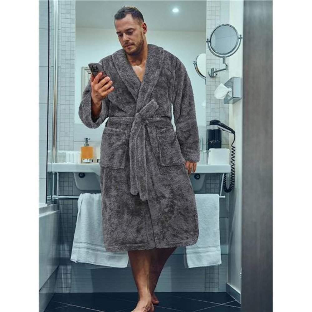 Men's Soft Robe, Plush Fluffy Fleece Bathrobe Men, Long Sherpa Shaggy Spa Robe - Picture 5 of 7